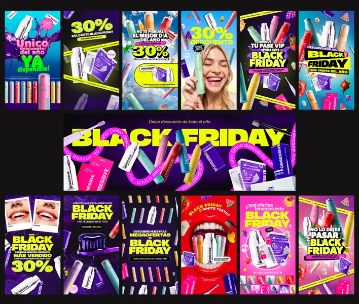 Campaña visual de Black Friday. Concepto gráfico, composición de producto y adaptaciones para comunicación digital.
