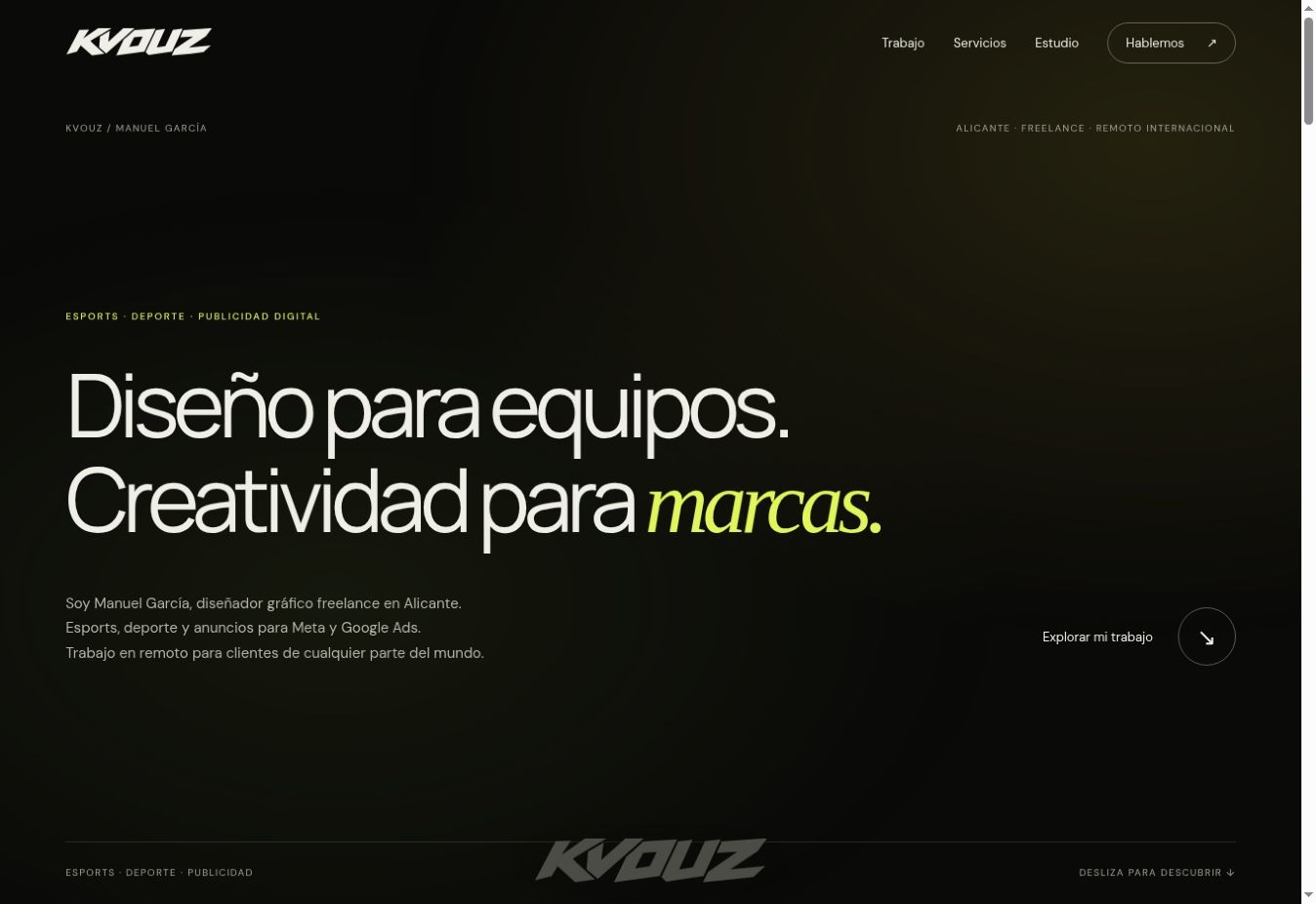 Diseño web del portfolio KVOUZ: portada con tipografía editorial, fondo oscuro y acento lima